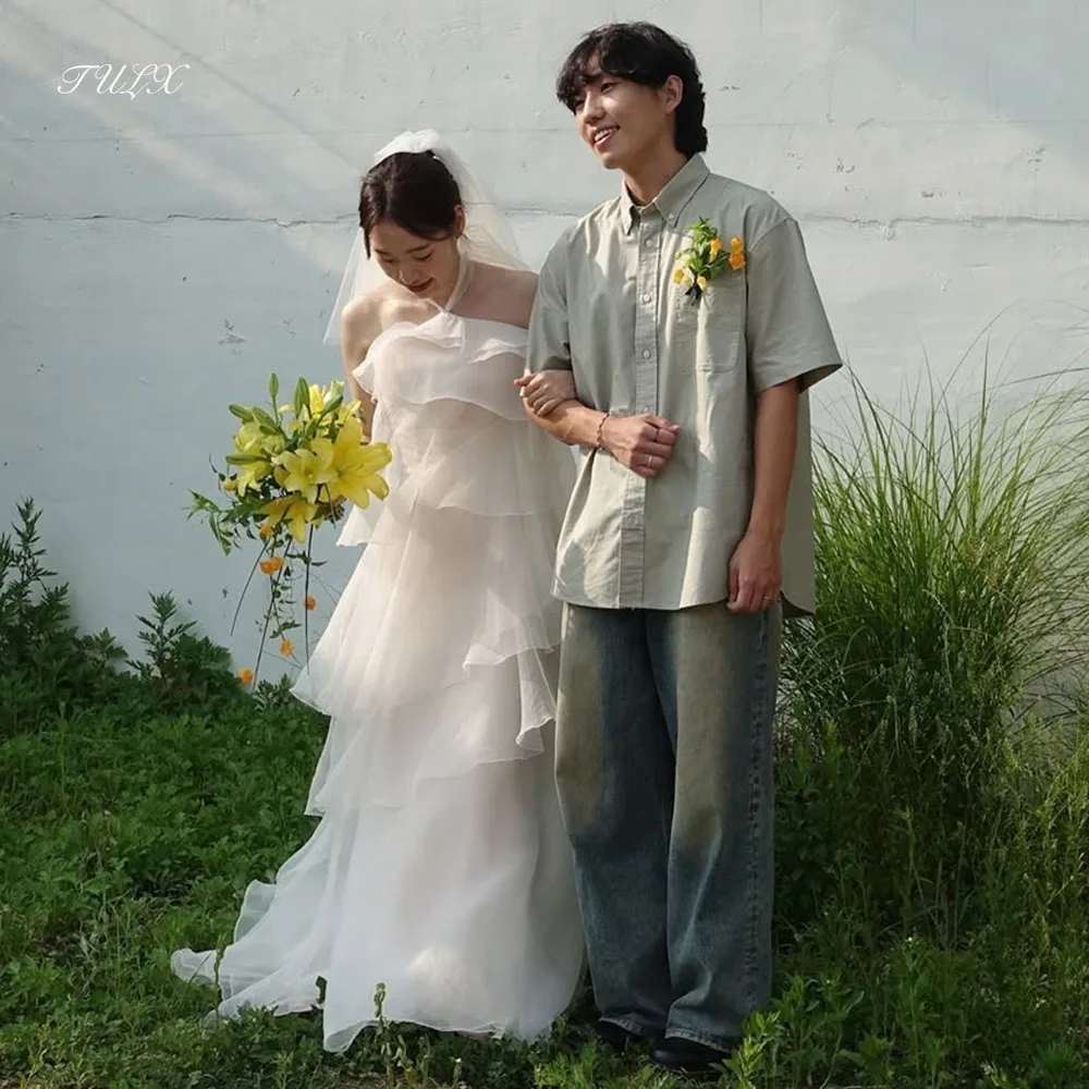

TULX Halter Sleeveless Wedding Dress Korea Photo Shoot Elegant Ivory Organza Bridal Gowns Long Tiered Corset 웨딩드레스 Customized
