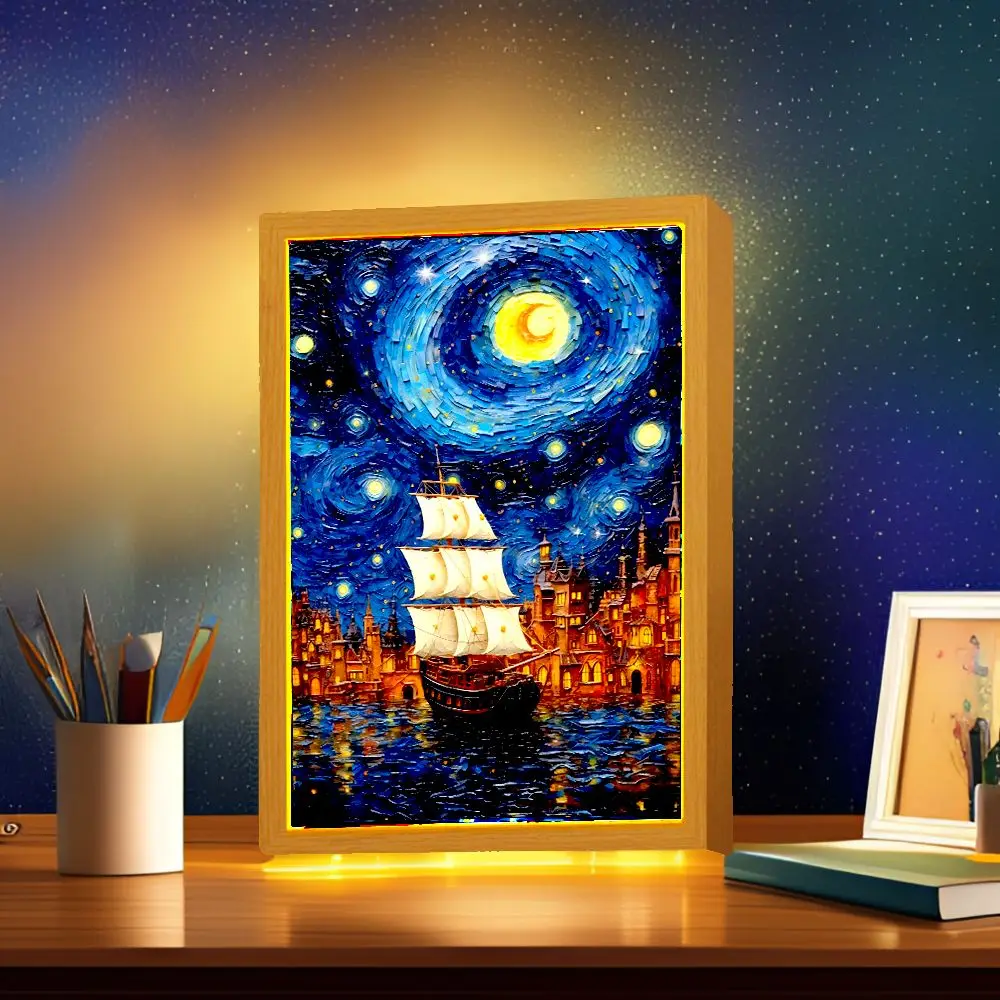 Light Painting Photo Frame Van Gogh Astral Art Led Night Light Bedside Tabe Lamp Room Home Desk Decor Christmas Gifts Moon Lamp