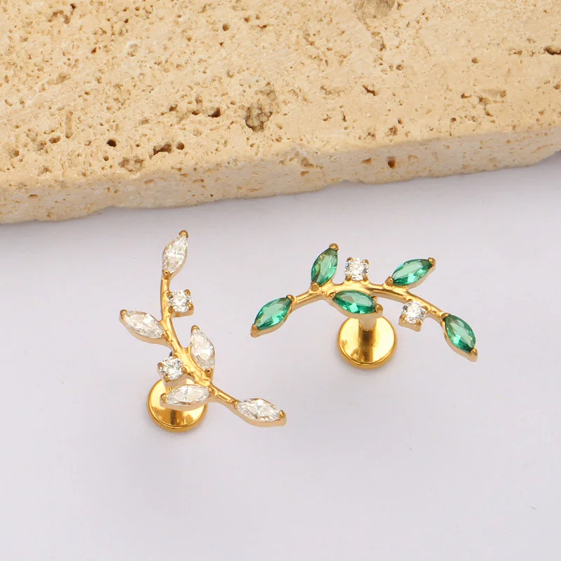 ASTM F136 Titanium CZ Leaf Ear Piercing Cartilage Tragus Helix Conch Earring Lip Studs Nose Ring Internal Thread Labret Rings