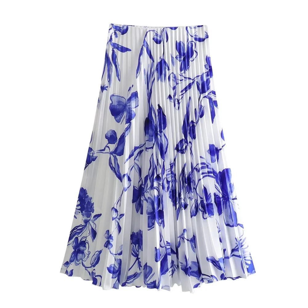 Zach Ailsa 2024 Spring New Product Women\'s Retro Blue Flower Print Interlining Flower Print Pressed Pleated Skirt Set