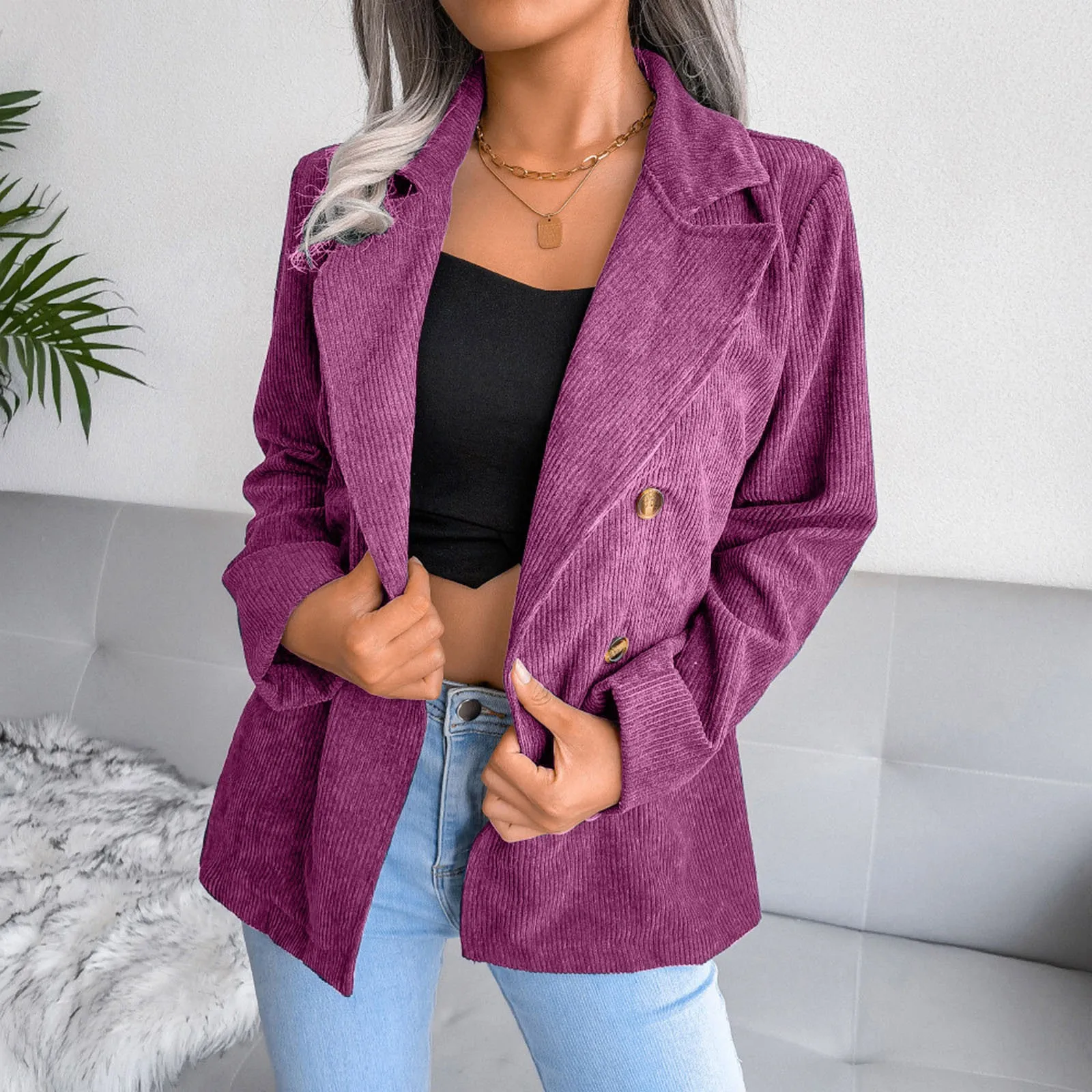 Chaqueta de pana de doble botonadura para mujer, abrigo suelto de manga larga a rayas, solapa de Color sólido, trabajo informal, novio, oficina, Tops