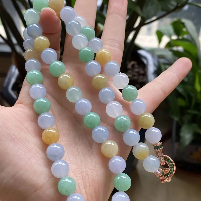 Natural Myanmar Jadeite Jade Ice-likeGlue Bottom Duobao High-End Multi-Circle Bead Necklace Bracelet 10mm