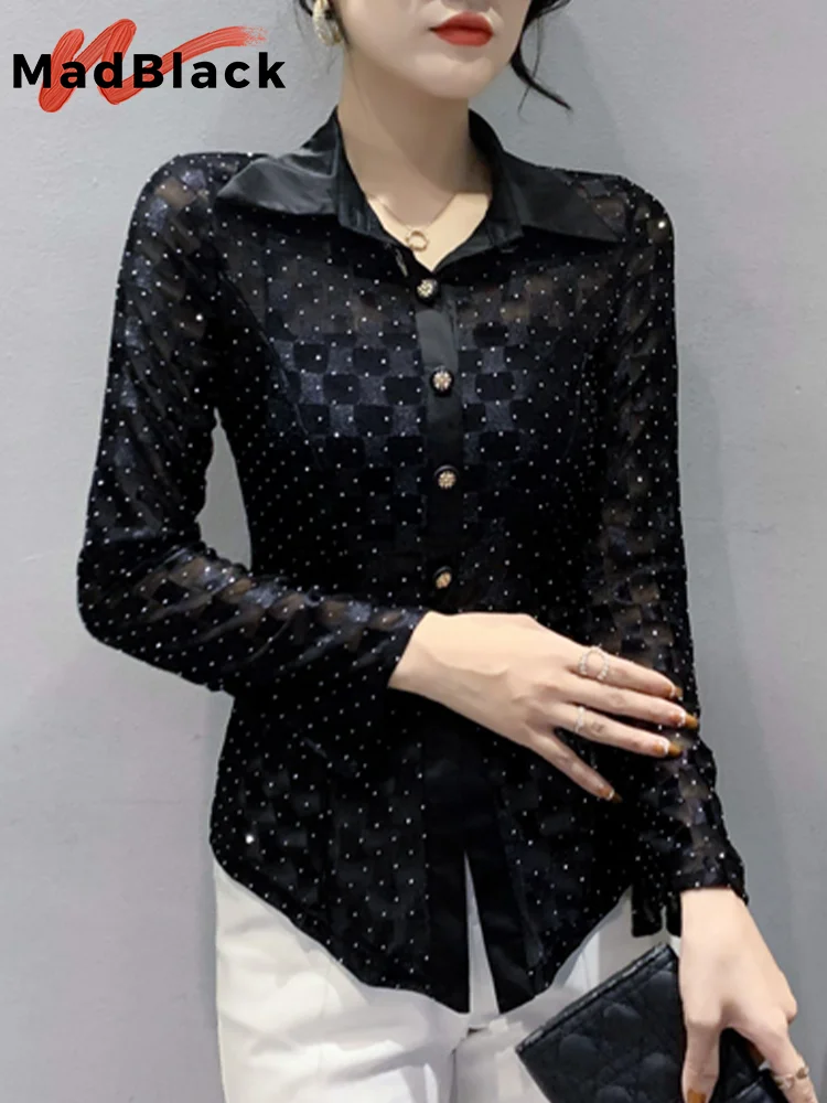 MadBlack Spring Hot Drill Shirt Sexy Sheer Women Turn Down Collar Long Sleeves Button Black Tops Clubwear Shirts New  T32521Z