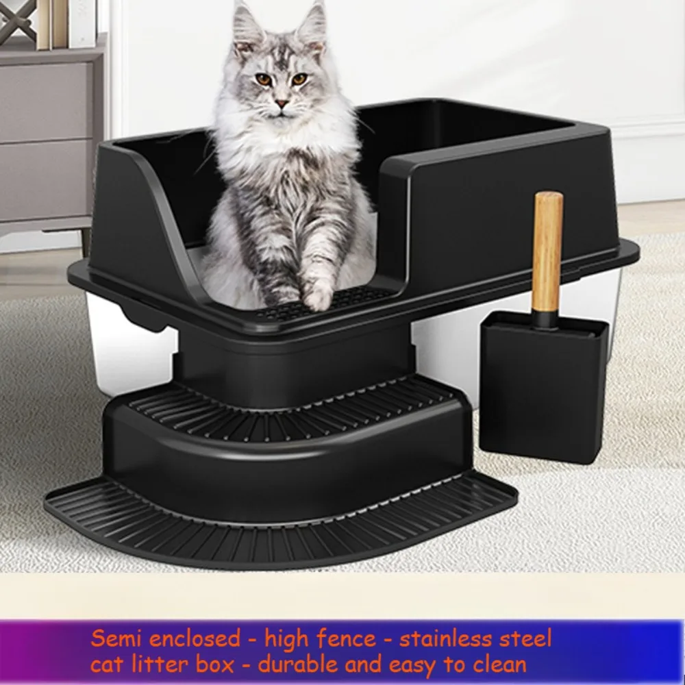 

Stainless Steel Cat Litter Box Oversized Splash Proof Cat Toile Semi Enclosed Staircase ABS Cat Shovel for Delivery Pet Gift