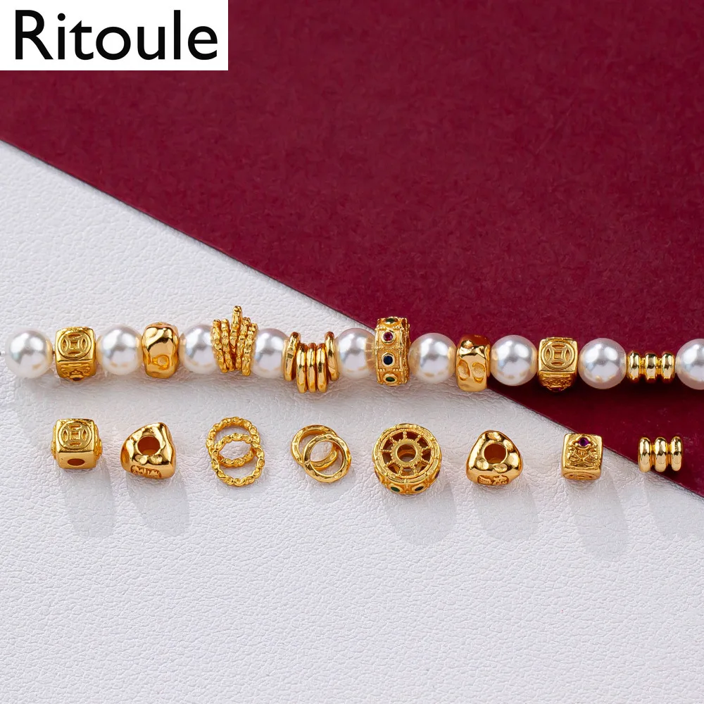 2pcsAncient sand gold winding ring copper three rings straight hole bead spacer Zakiram square loose bead DIY accessories