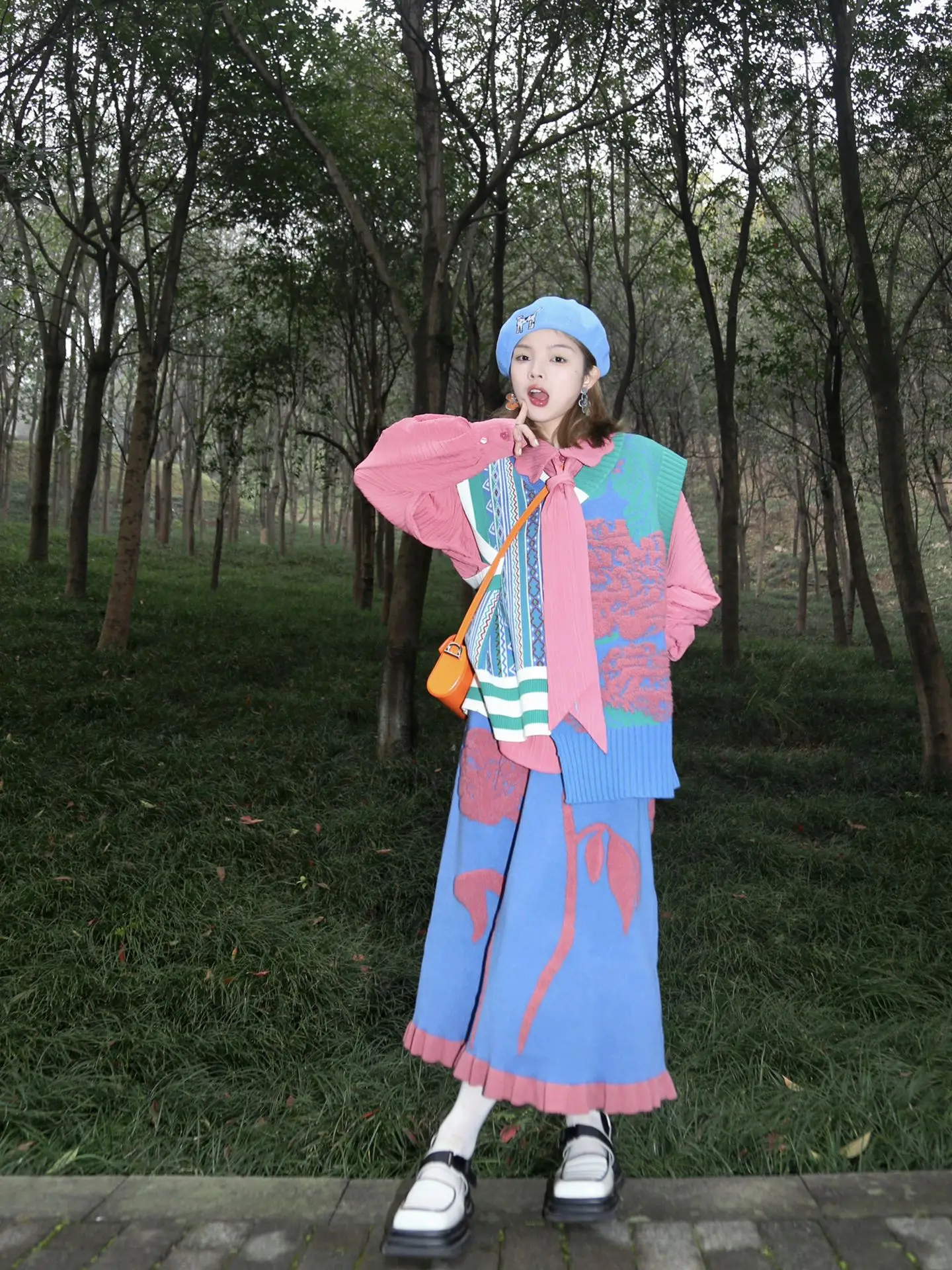 

Retro Floral Knitted Vest Shirt Half Skirt Three-piece Set Women Winter Fashion One Whole Set Countryside Style Women's Suit