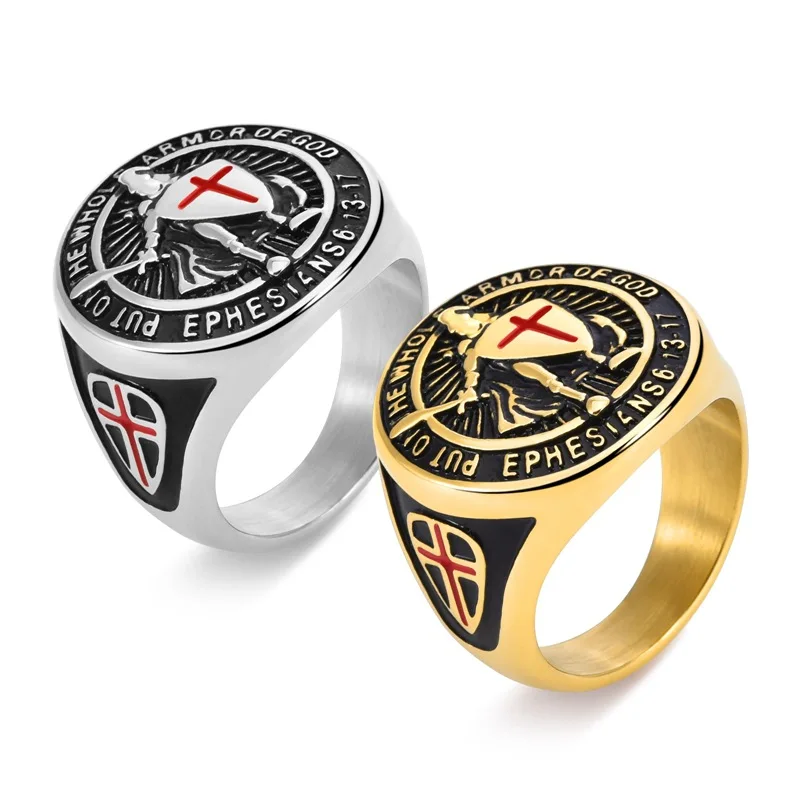 Knight Templar Shield Red Cross Men Rings Stainless Steel Retro Punk Stylish Women Jewelry Fashion Accessories Gift Wholesale