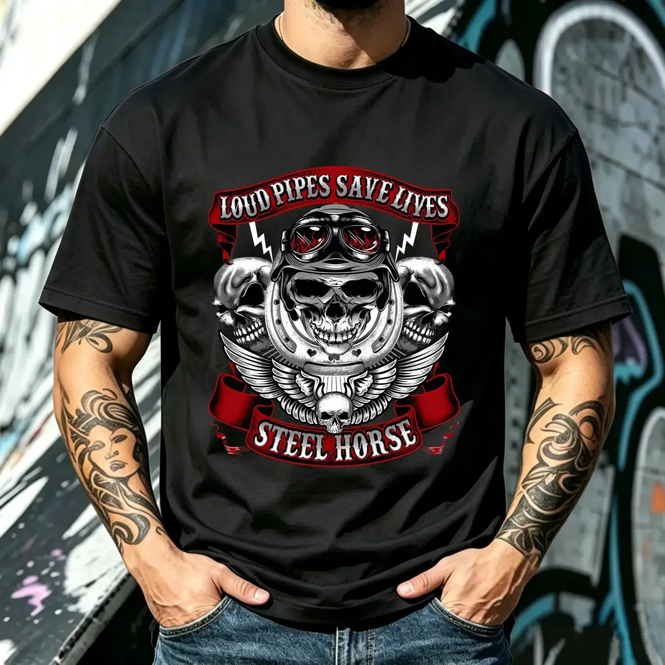 washed T Shirt Loud Pipes Save Lives Steel Horse Motorcycle biker Men's DTG  vintage Washed Stretched Top For Everyday Wear