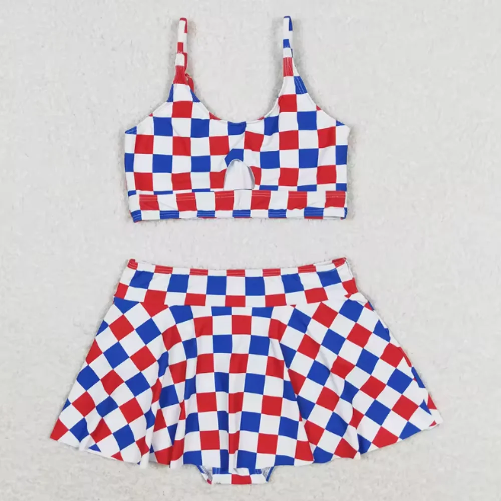 

Новая детская одежда RTS на 4 июля, красные, синие клетчатые юбки без рукавов, комплект купального костюма