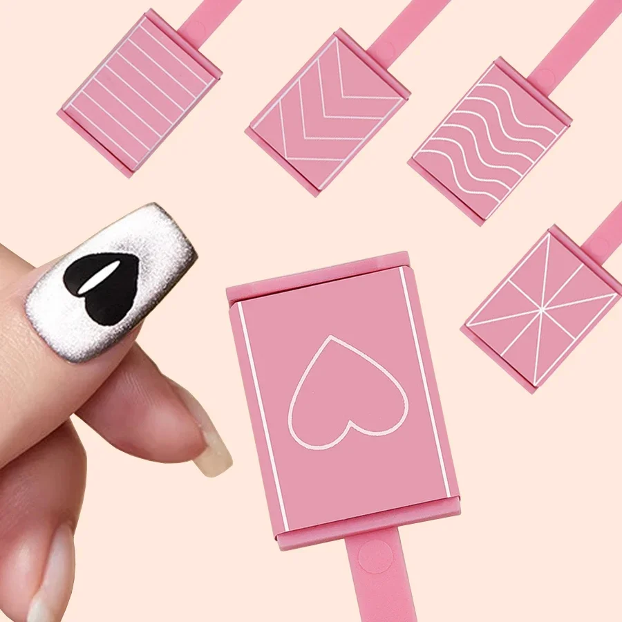 5Pcs Set Cat Eye Magnetic Stick Pink Magnet Plate Wand, Heart Wave Pattern for 3D Cats Eyes Gel Polish Manicure