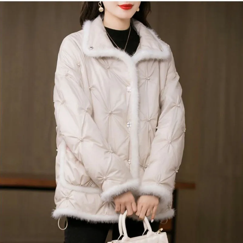 2024 New Winter Natural Mink Fur Down Jacket Women Short Embroidery Stand Collar Loose White Duck Down Coat Soft Warm Parker