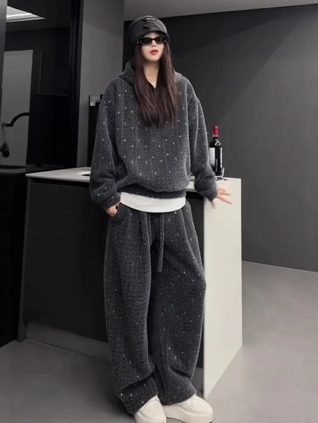 

Men's Autumn Winter Thiened Casual Sports Set Hoodie Sweatpants Two-Piece Ensemble Woven Embroidery Faionable