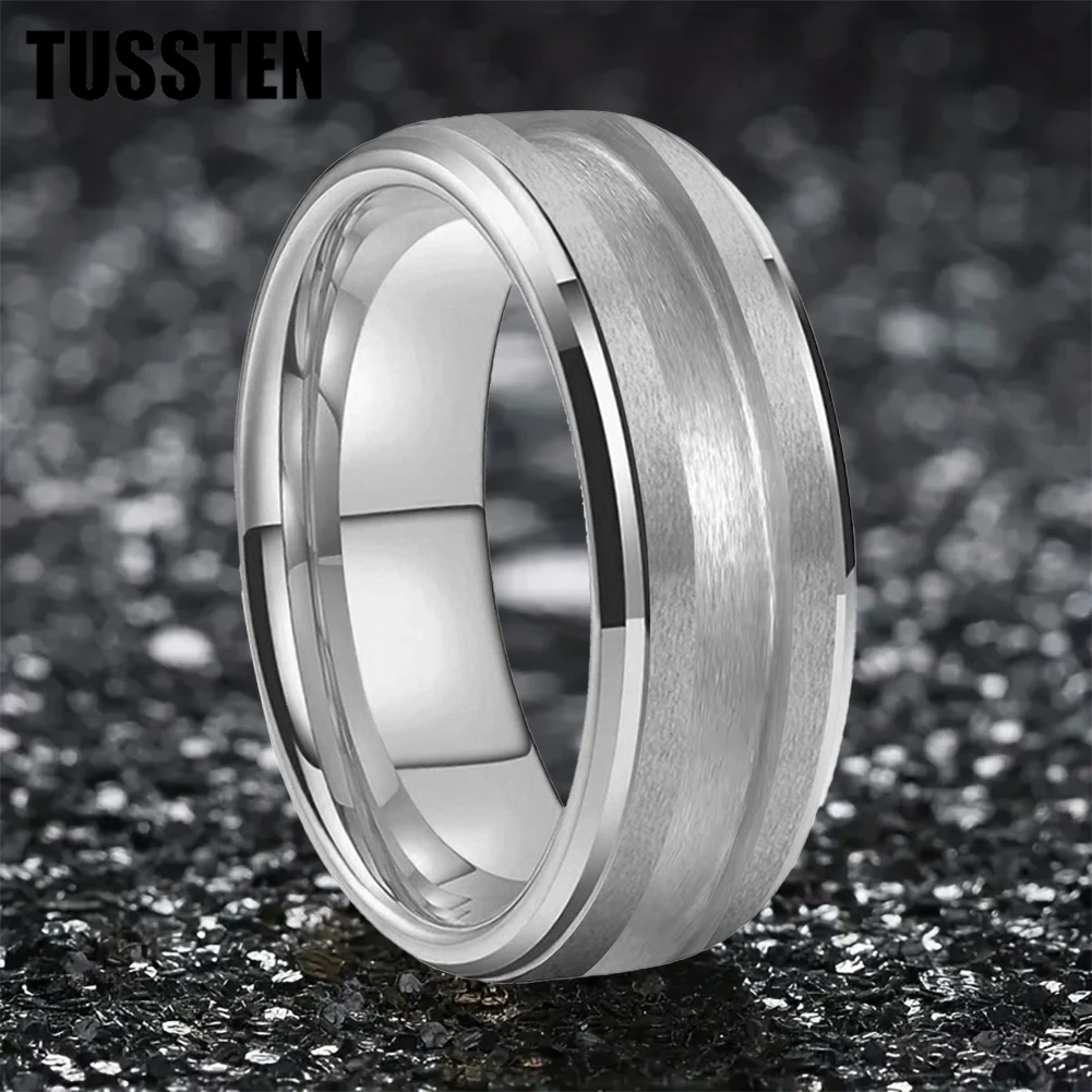 

TUSSTEN 8MM Wholesale Tungsten Blank Stepped Beveled Edges Brushed Finish Core Ring 2/3mm Groove Pipe Cut Polished Comfort Fit