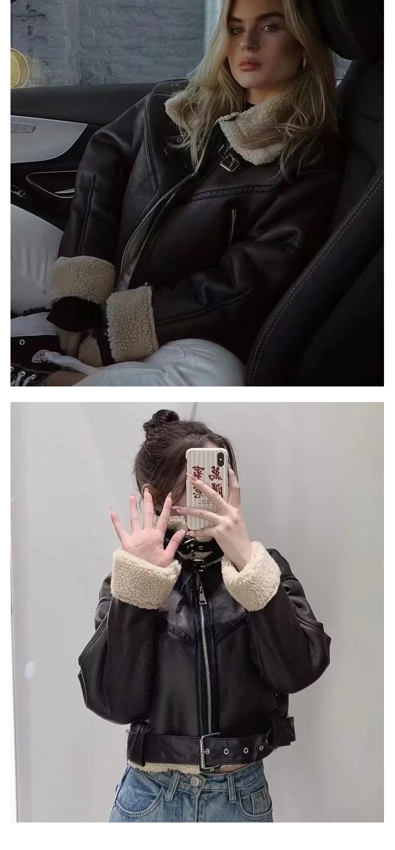 เสื้อแจ็คเก็ตคาร์ดิแกนหนังเทียมลายปะติดปะต่อขนแกะ แต่งซิป แขนยาว ทรงเข้ารูป สไตล์มอเตอร์ไซค์ลำลอง สำหรับผู้หญิง ฤดูใบไม้ร่วง 2025