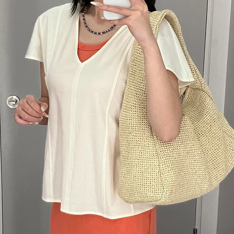 

French-style Woven Handbag Wide Shoulder Strap Design, Large Capacity Straw Underarm Bag Lazy Casual Commute Pillow Tote Bag