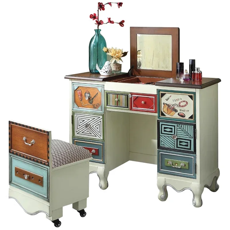 モダンな美的感覚のドレッサー、ヴィンテージスタイルのスツール、木製ドレッサー、メイクアップキャビネット、化粧台、鏡付き家具