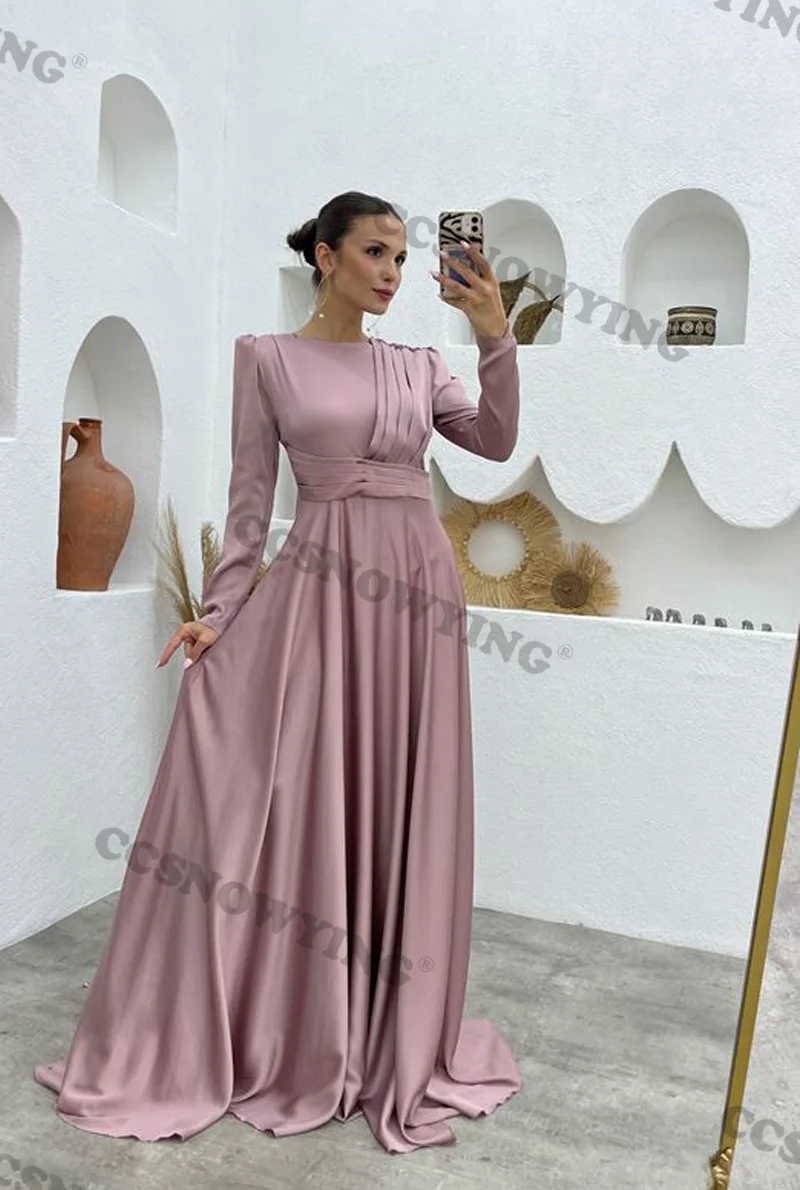 

Long Sleeve A Line Muslim Hijab Evening Dress Islamic Satin O Neck Formal Party Gowns Women Arabic Dubai Robes De Soirée