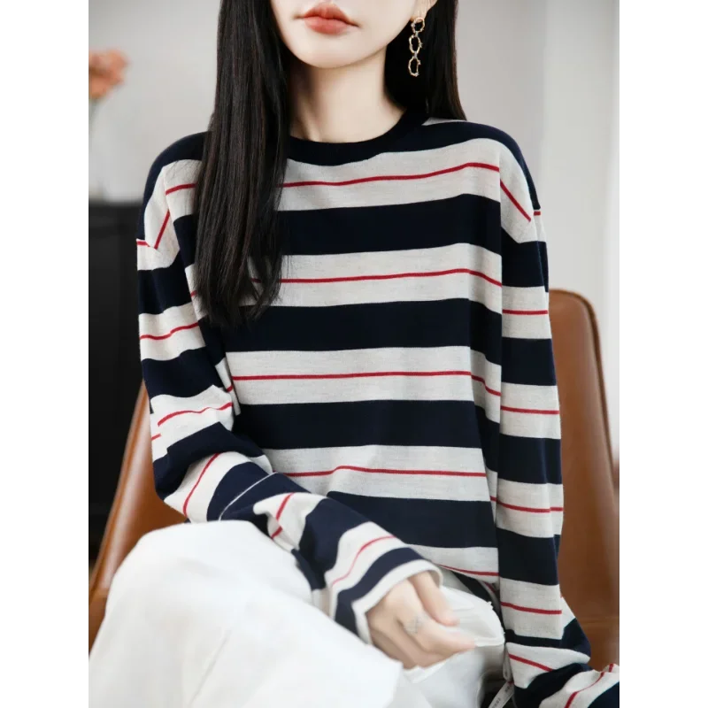 Suéter retrô listrado de contraste de manga comprida para mulheres gola redonda suéter fino solto novo top francês casual