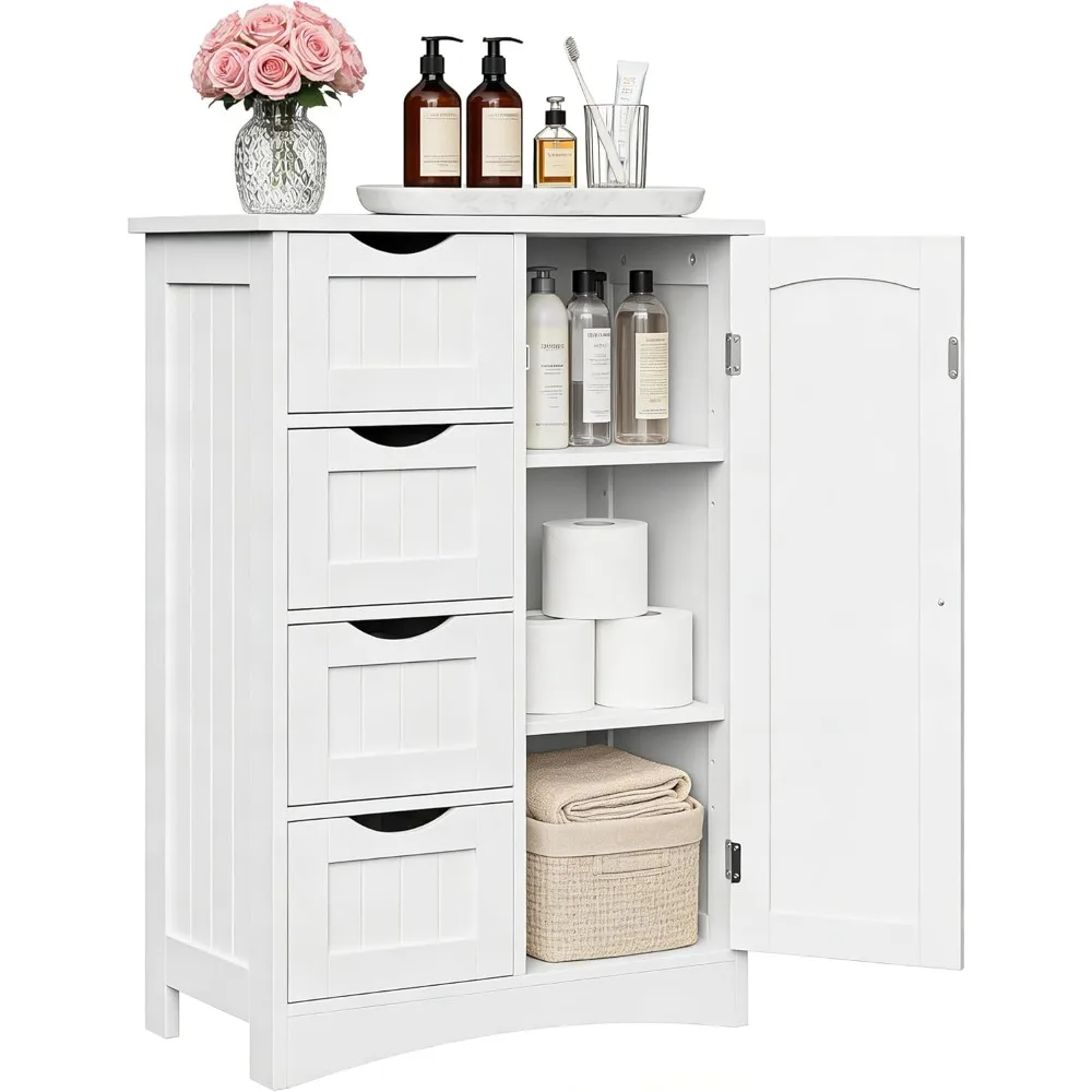

Bathroom Floor Storage Cabinet, Side Storage Organizer with 4 Drawers and 1 Cupboard, Adjustable Shelf Freestanding Entryway