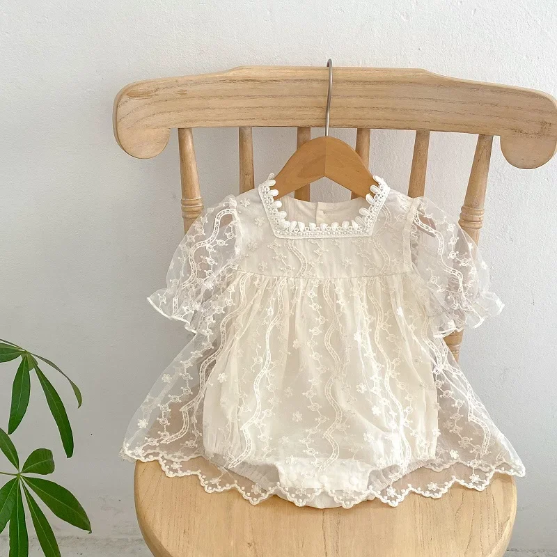 

INS Newborn Baby Girl Romper 0-24Months Princess Kids Short Sleeve Lace Embroidery Flower Dress Bodysuit Outfits Summer Clothes