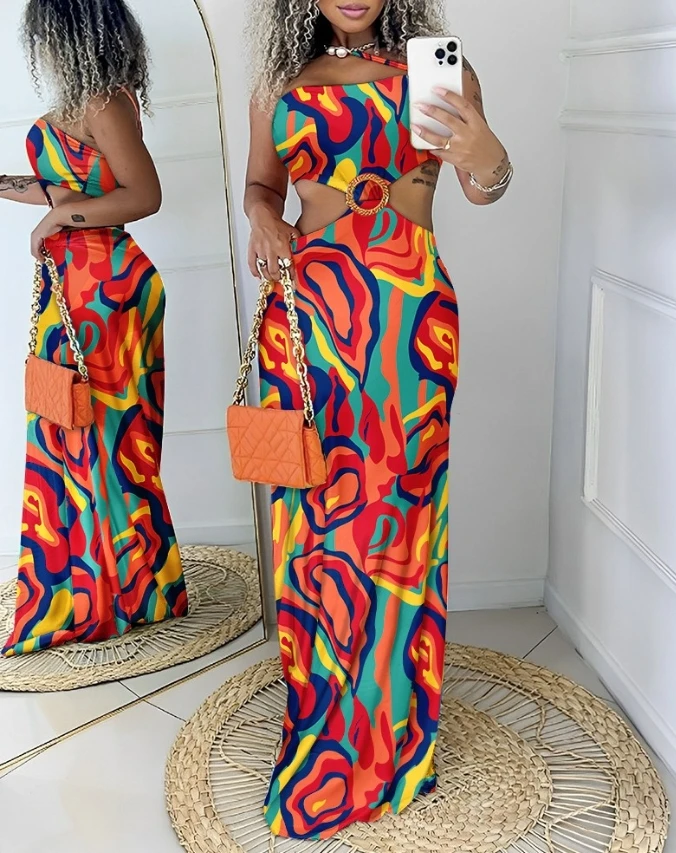 Multi-color Abstract Print Hollow Out Maxi Dress