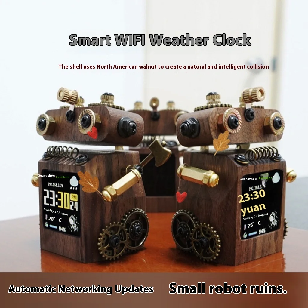 Intelligent Weather Forecast Clock Punk Robot Technology Table Decoration Color Screen Electronic Stock Album Wooden Gift