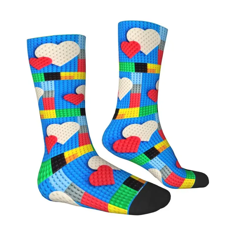 Custom Fun Print Building Blocks Heart Patern Socks for Women Men Stretchy Summer Autumn Winter Crew Socks