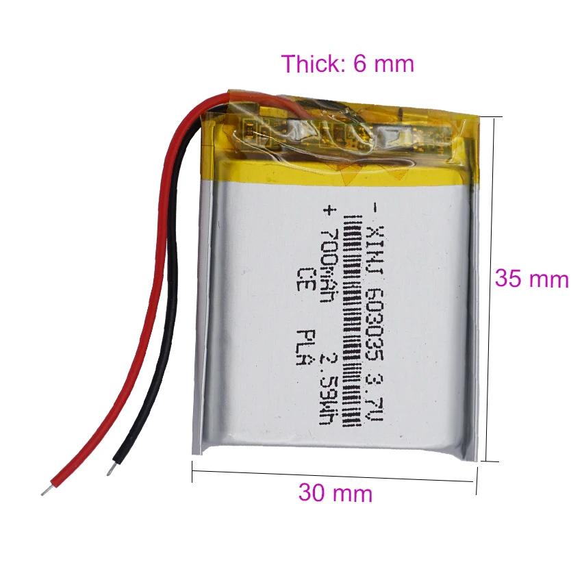 3.7V 700mAh Rechargeable Lipo Battery 603035 For Car Camera DVR Measuring Instrument GPS Sat Nav Music Player Driving Recorder