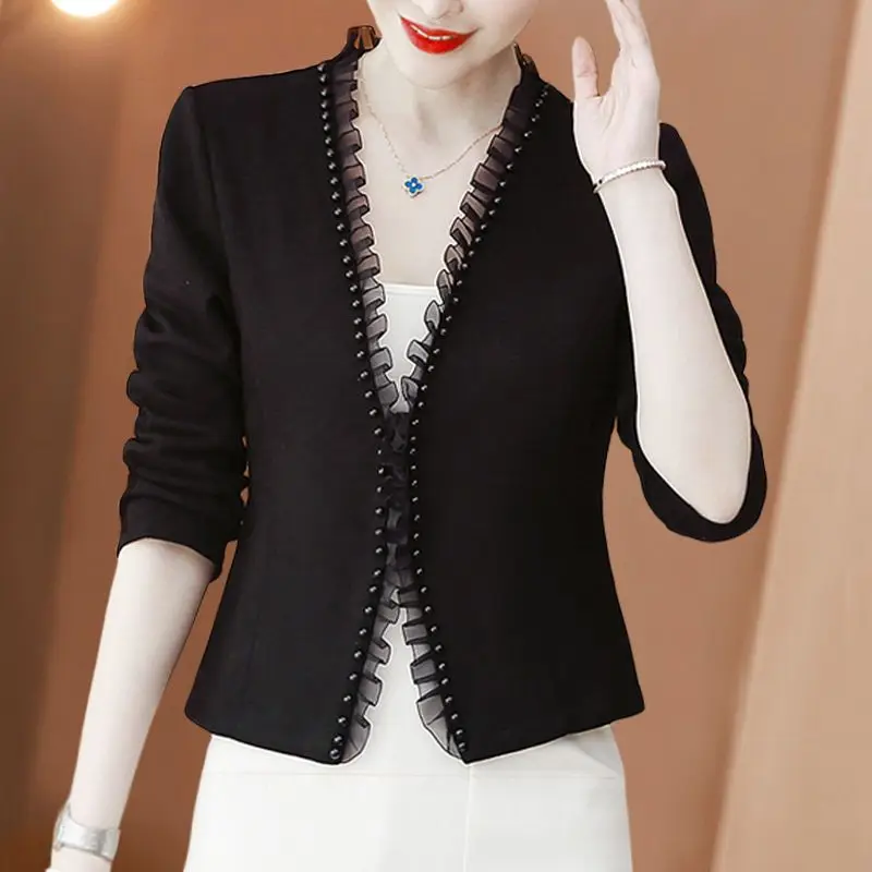 

Long Sleeve Suit Jacket Women Beading V-neck Outerwear Cardigan Slim Korean Short Tops Black White Blazer Party Dress Shawl