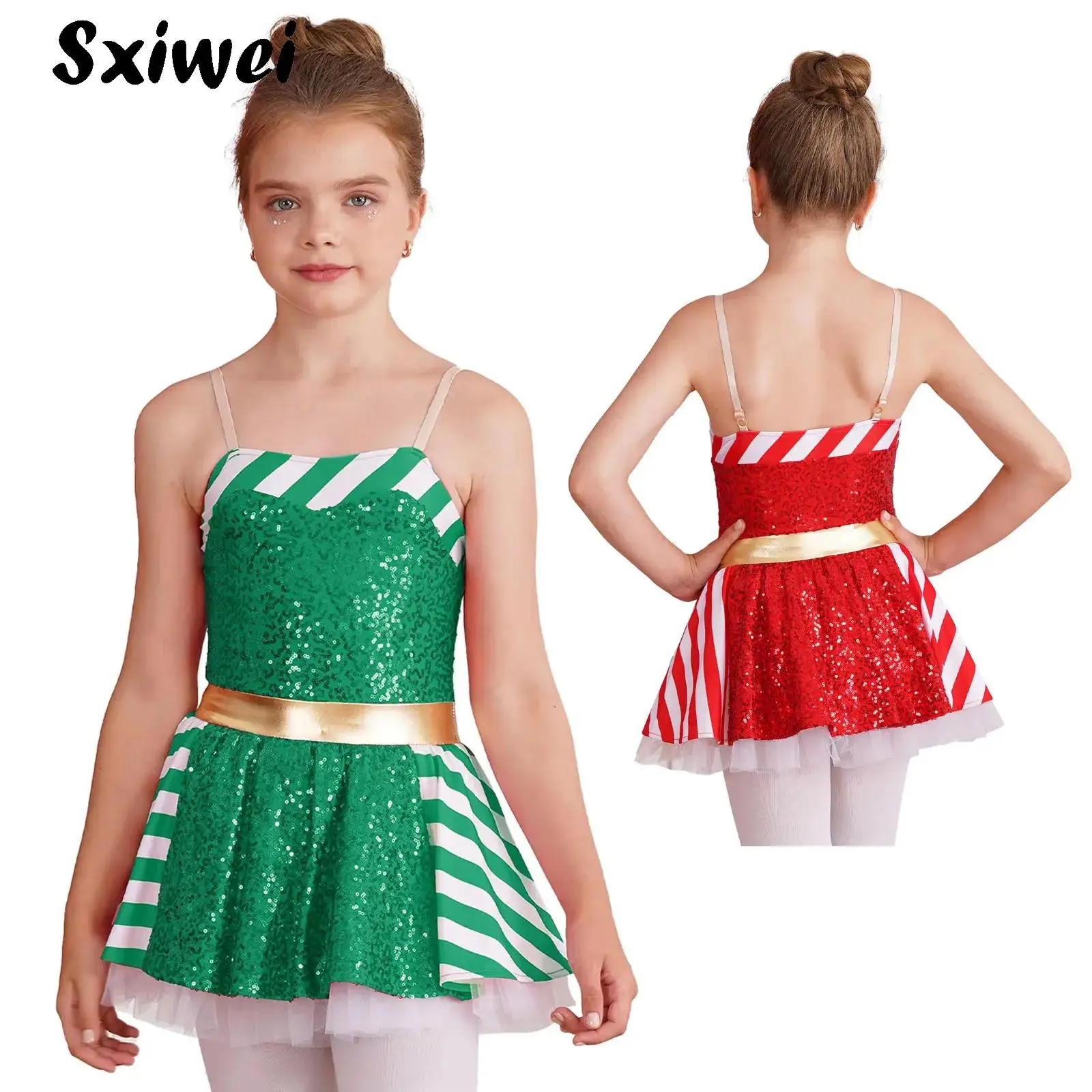 

Kids Girls Ballet Tutu Dance Dress Candy Cane Sequins Christmas Elf Mesh Tutu Gymastics Leotard Figure Skating Dance Costume