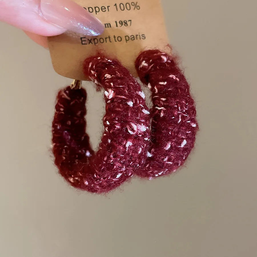 Vintage Woolen Fabric Wrapped C-shaped Earrings Girls Sweet Fashion Jewelry Autumn Winter Earrings Accessories