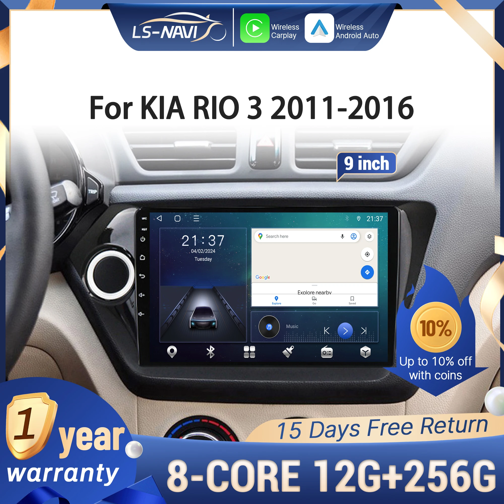 

For KIA RIO 3 2011-2016 Android 14 Car Radio Multimedia Navigation 4G GPS Wireless CarPlay Touch Screen Bluetooth Stereo