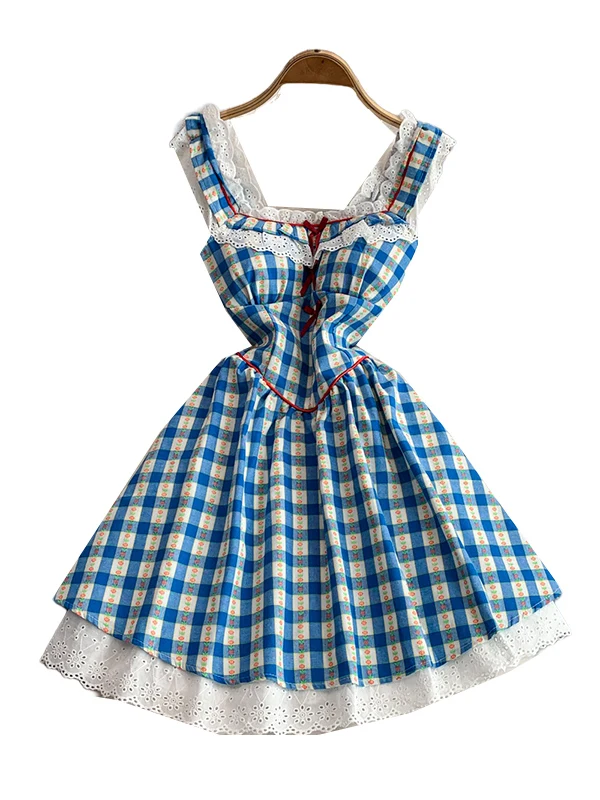 Falda Midi de cintura alta adelgazante Dr con cuello cuadrado y retazos de encaje a cuadros azul dulce para mujer, falda coreana Sle Commute Dr