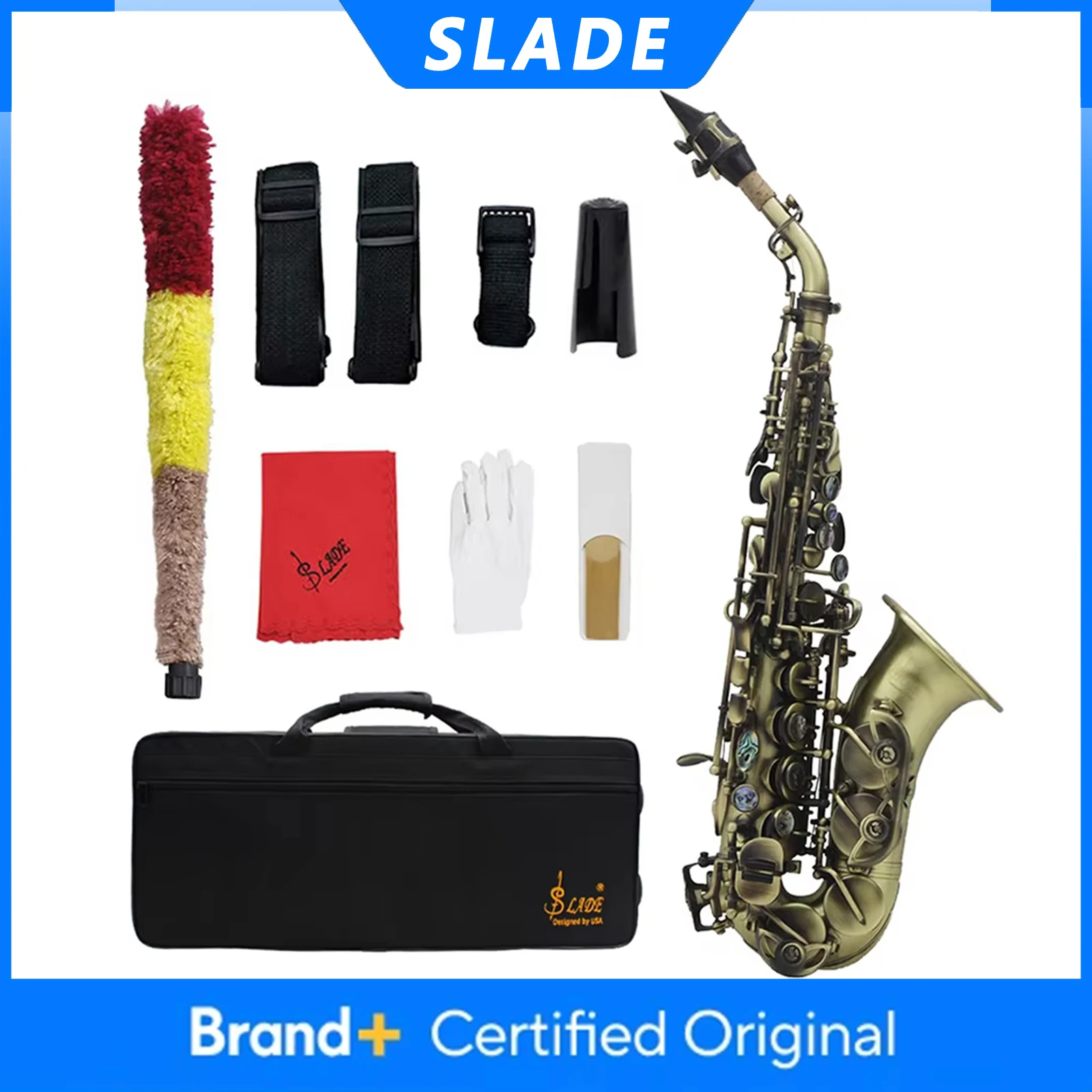 

Саксофон сопрано SLADE S93, латунный корпус, Bb, цвет «цветок лотоса», антикварный, с чехлом, тростниками, перчатками, запчастями и аксессуарами, духовой инструмент