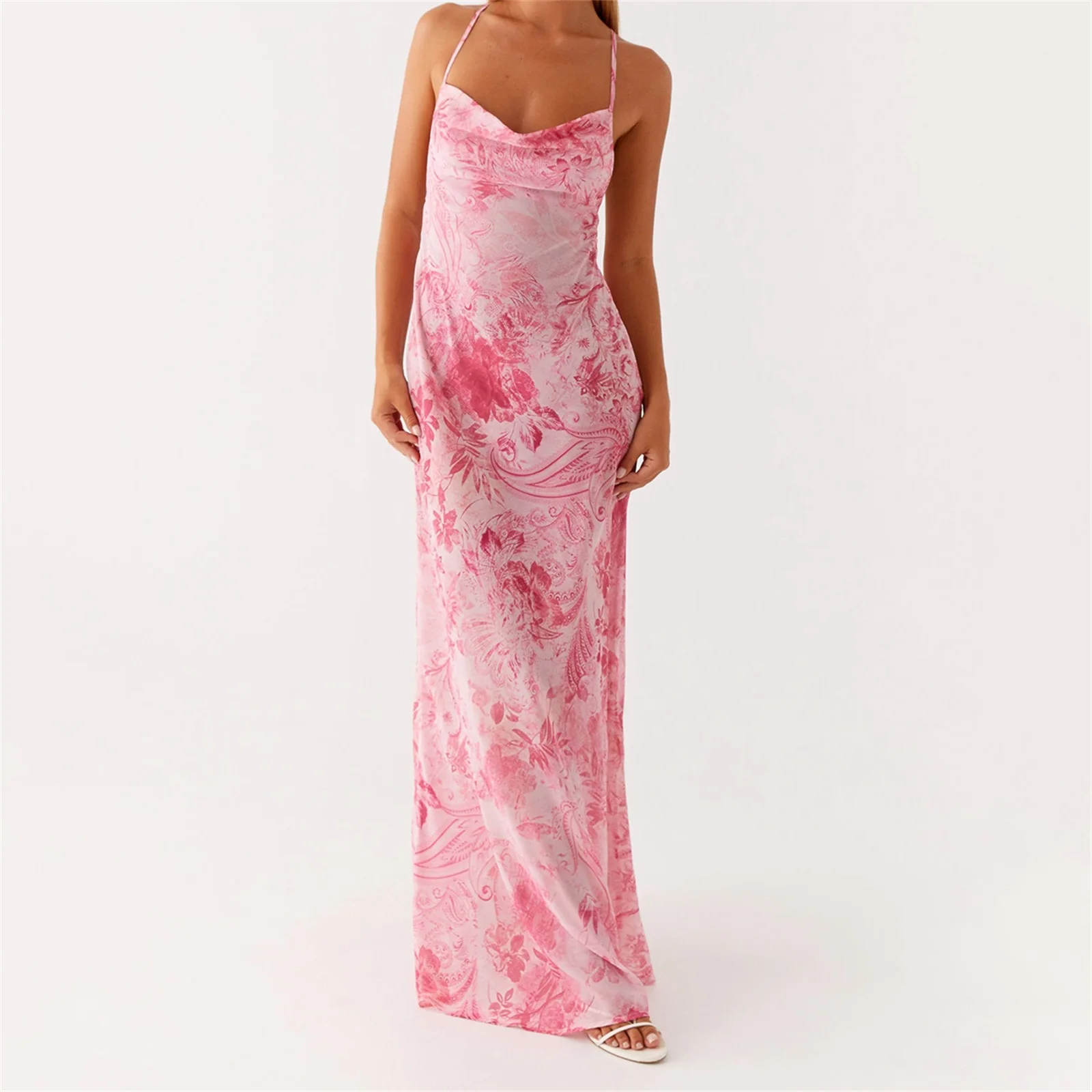 ผู้หญิงฤดูร้อน Beachwear ดอกไม้ Tie-DYE พิมพ์ Slim Cowl คอสปาเก็ตตี้สายเปิดกลับผูก A-Line ยาว Cami SLIP DRESS