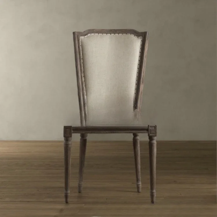 French retro log oak dining chair, modern restaurant cafe linen, fabric chair