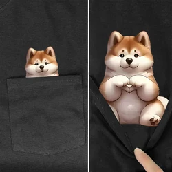 CLOOCL Shiba Inu Cotton T-Shirts Cute Puppy Hand Heart Gesture Print Pocket T-shirt Men Women Short Sleeve Shirts Hip Pop Tops