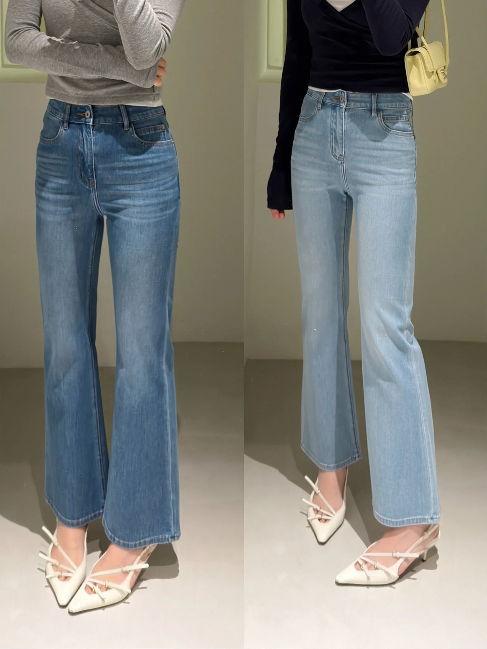 

Jiaoyang Spring Summer Cool Breathable Thin Acetate Denim Fabric Bell Bot Nine Point Jeans Ladies Soft Cotton Pure Color