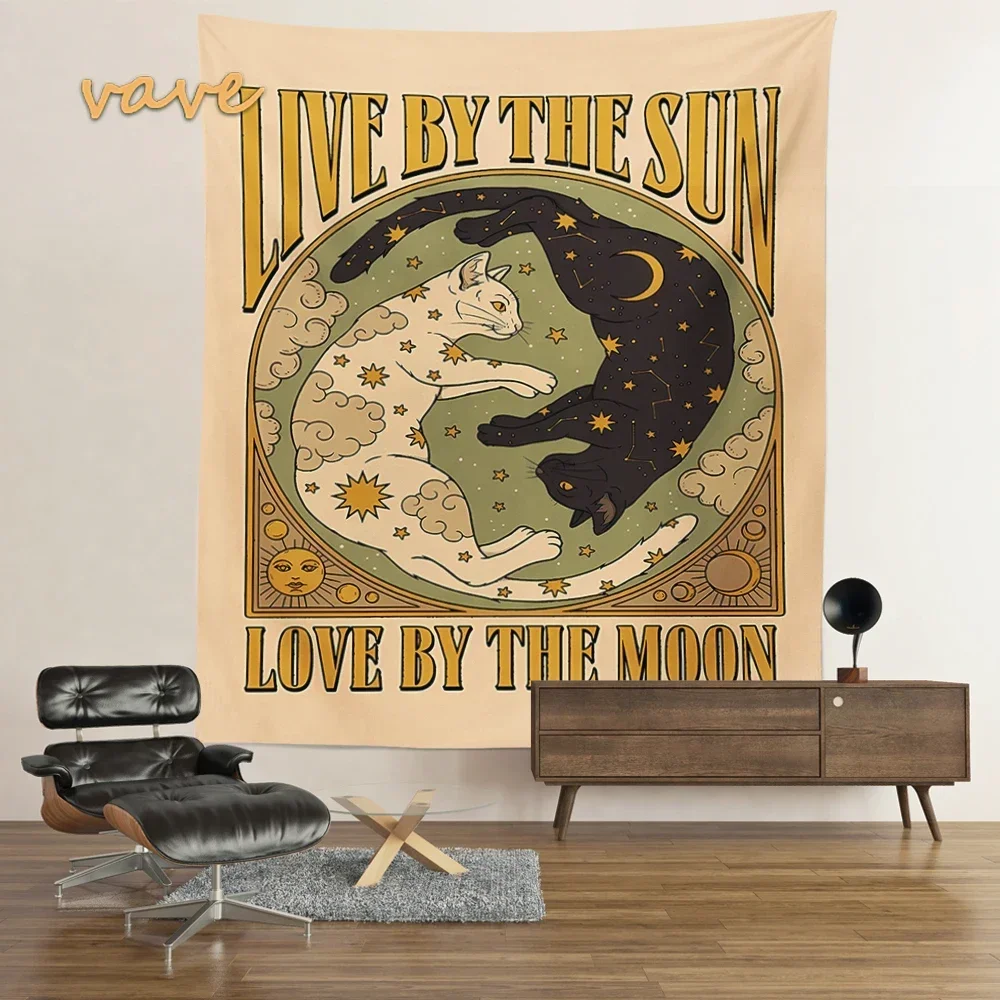 Sun Moon Cat Tarot Tapestry Wall Hanging Tarot Retro Black White Cat Psychedelic Love Star for Living Room Home Dorm Decor Cloth