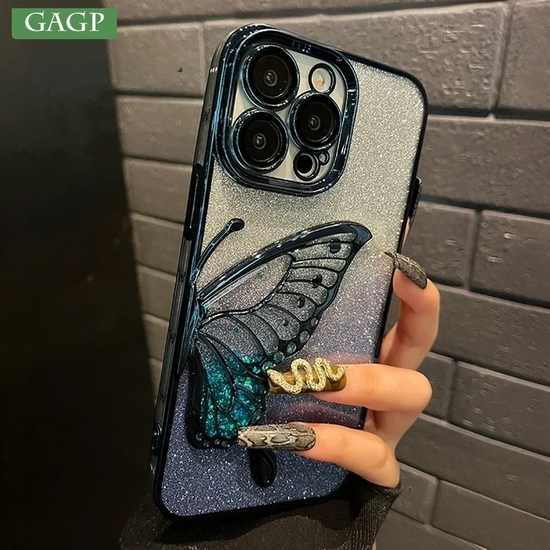 Quicksand Butterfly Case for iPhone 16 15 Pro Max Luxury Girl's Bling Glitter Plating Soft Cover for iPhone 11 12 13 14 Pro Max