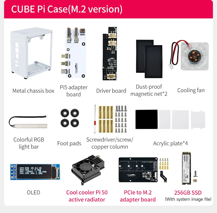 Yahboom Raspberry Pi 5-Schutzhülle, Mini-Kit mit Lüfter und Farbwechsel, Umgebungslicht, unterstützt Installation, M.2 SSD – Detail 7
