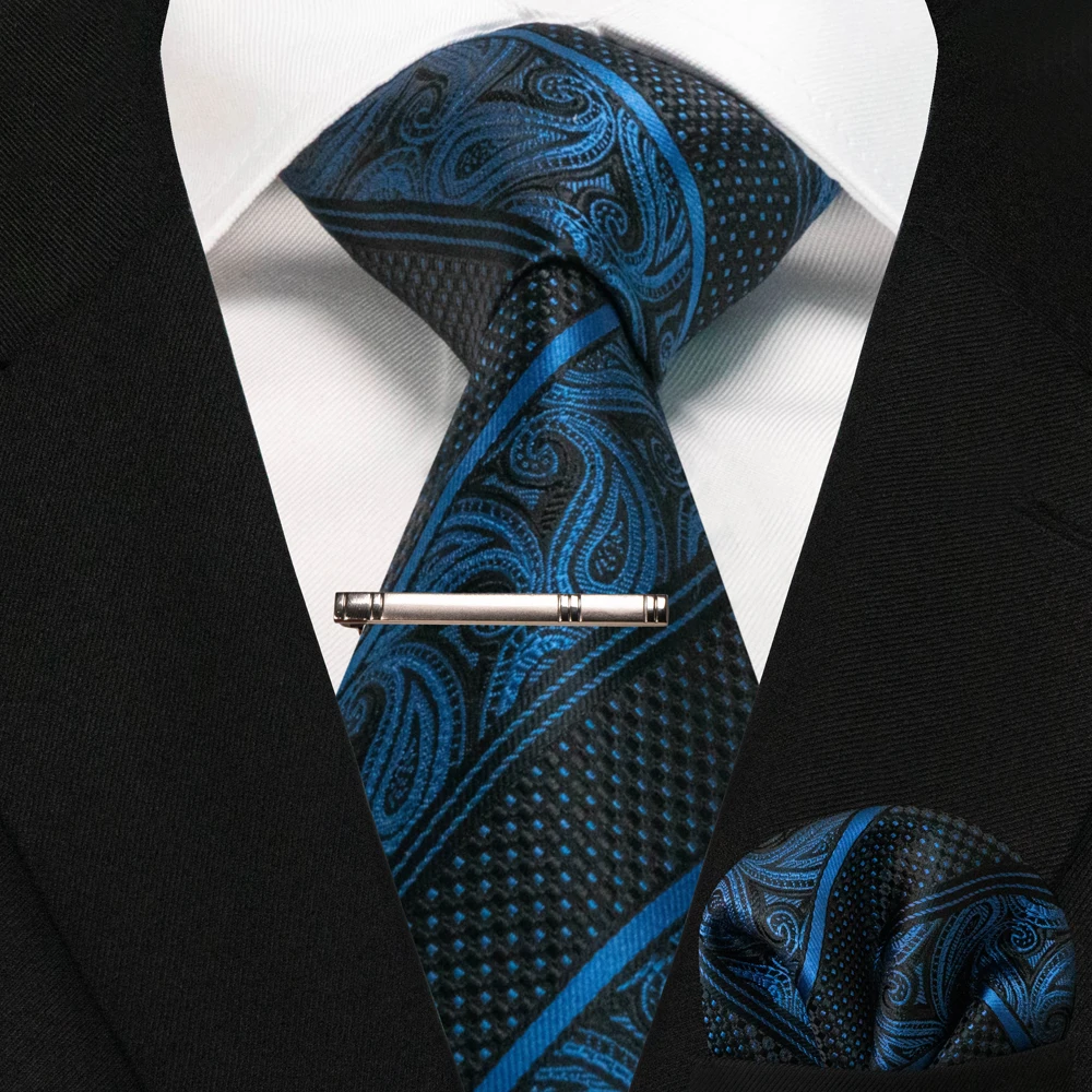 JEMYGINS Business-Krawatte für Herren, Seidenkrawatte in Marineblau, gestreifte Paisley-Krawatte, Einstecktuch, Krawattenklammern, Set für Hochzeit, Party, Geschenk – Detail 30