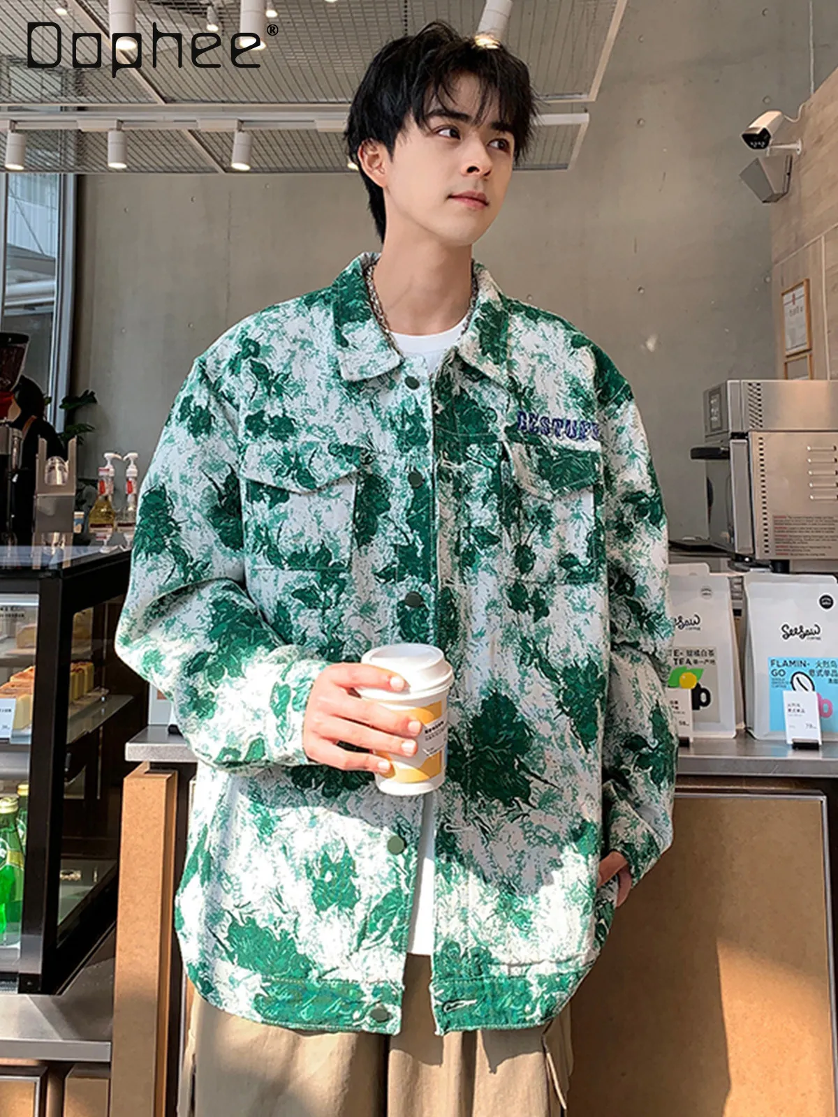 Spring Autumn Men's Retro Green Floral Print Denim Jacket Casual Loose Button Up Streetwear Coat with Chest Embroidery