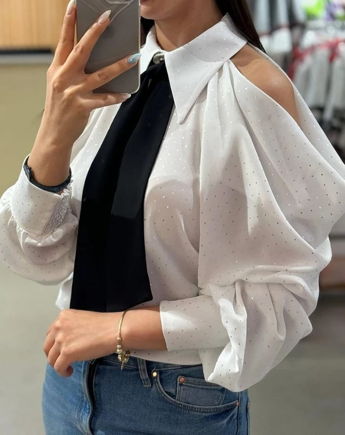 

Hunan Girls' 2024 Hot Selling Spring Polka Dot Pattern Cold Shoulder Casual Collar Daily Shirt with Tie In Stock