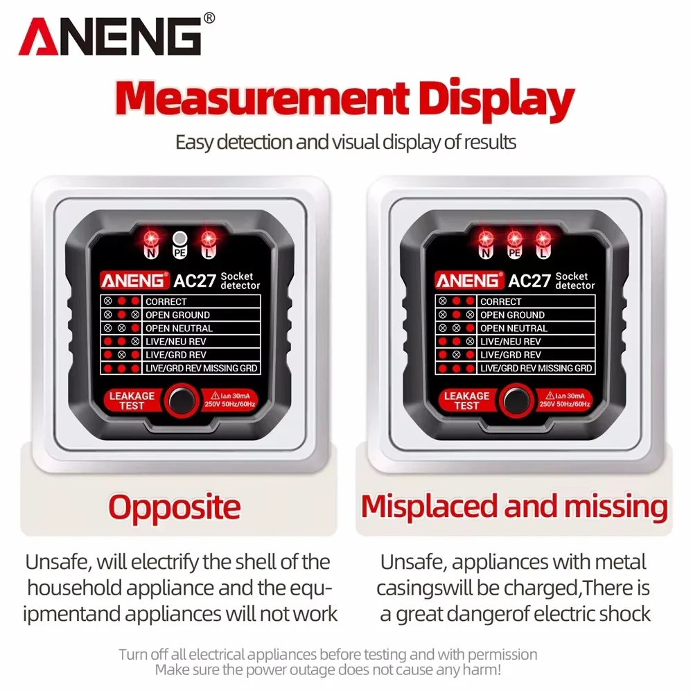 Imagem -06 - Smart Socket Tester Medidor de Eletroscópio Disjuntor Descobridores Detector de Tensão ue Eua Plug Polaridade Verificação de Fase Teste Aneng-ac27