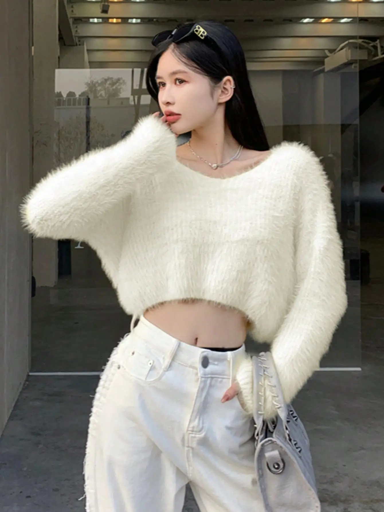 

Корейский норковый свитер V-Ne, женский свободный крой, зимний теплый вязаный топ ort Length, обычный све Long Sve