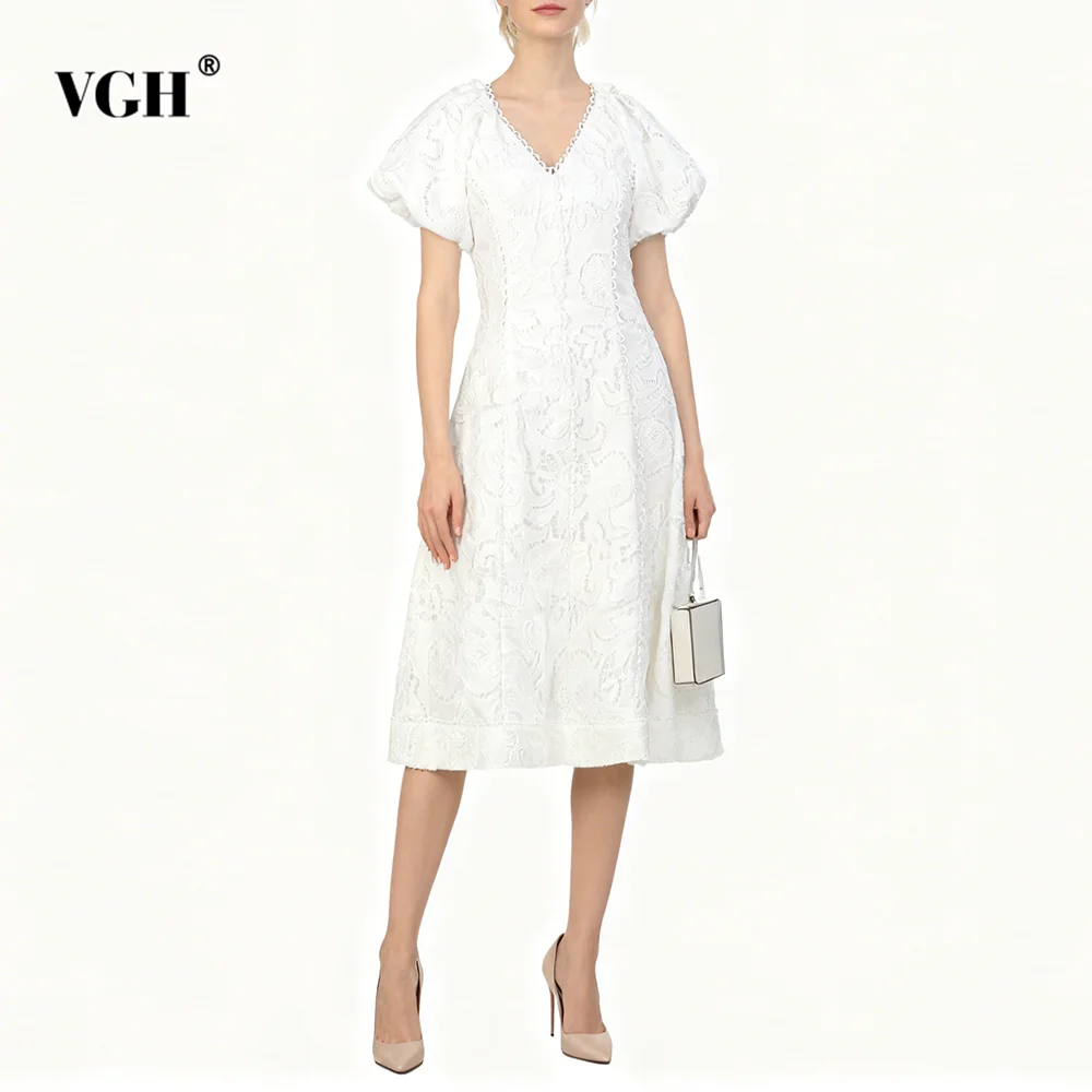 

VGH однотонные элегантные элегантные платья для женщин с v-образным вырезом и пышными рукавами с высокой талией, летнее вечернее платье с вышивкой, женский модный стиль, новинка