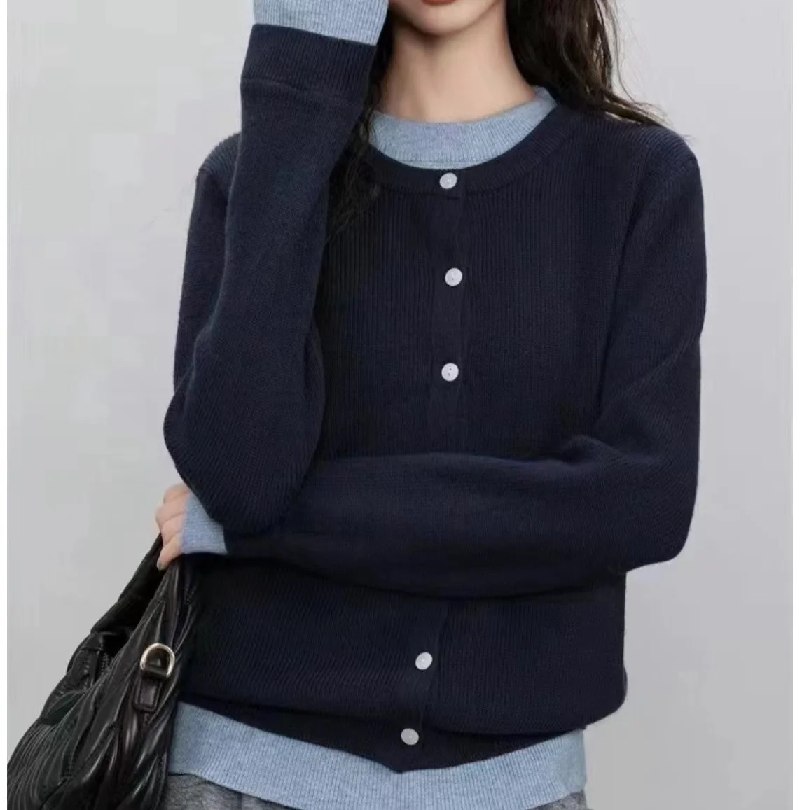 

Cardigan Women Sweaters Coats Round Neck Two Fake Pieces Full Sleeve Jumpers Y2k Streetwear Elegant Knit Open Stith Spring 2026
