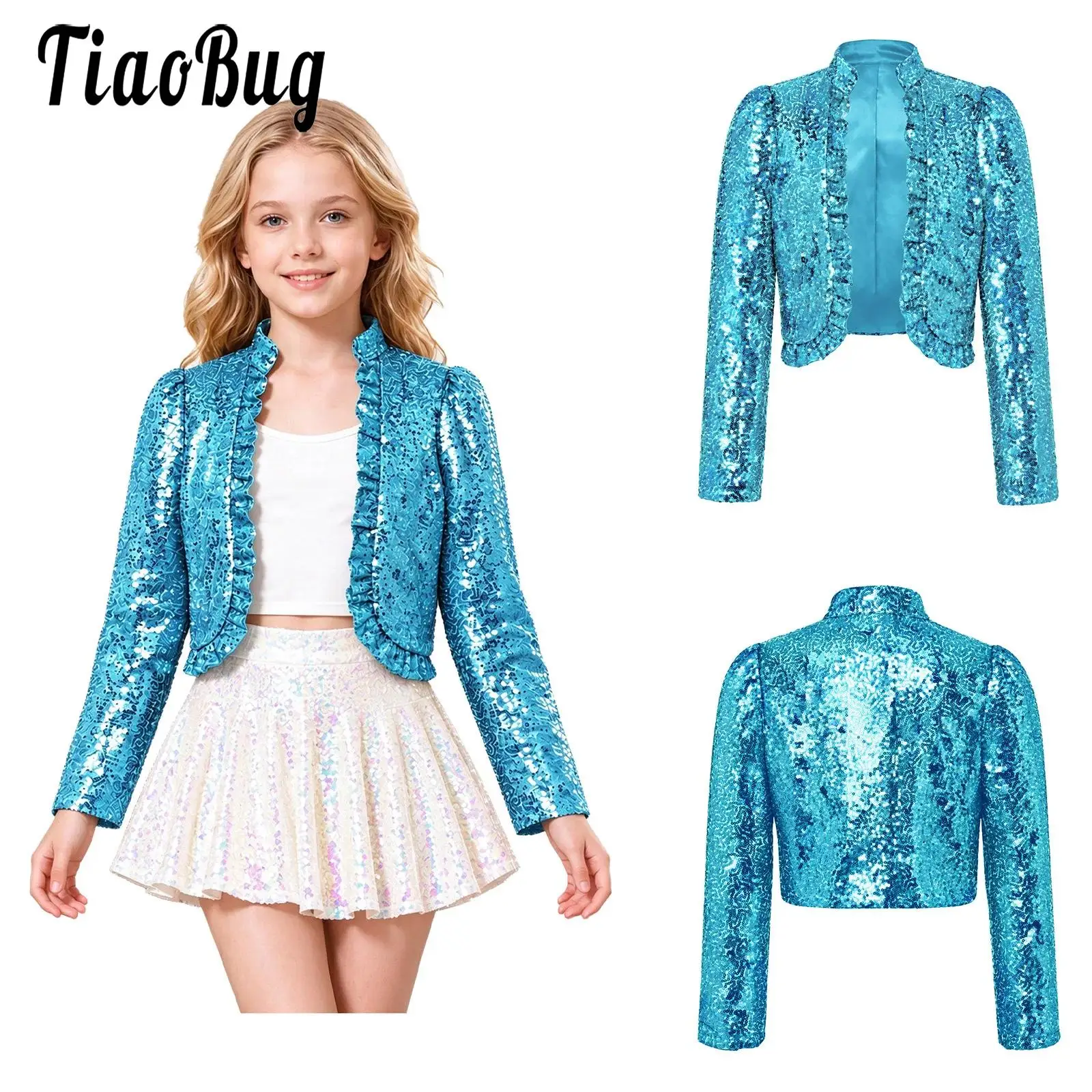 Kids Girls Sparkly Sequin Jacket Coat Stand Collar Long Sleeve Open Front Frilly Jacket for Jazz Disco Party Stage Performance