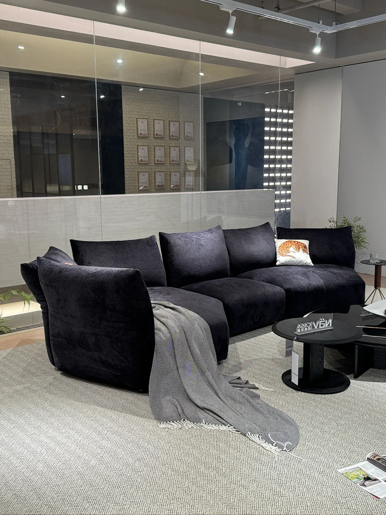 Navy Chenille Curved Modular Sofa Pillow Backrest Deep Seat Floor Style With Accent Pillows For Living Room Villa Bedroom Home